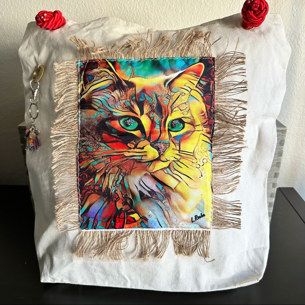 Handmade Canvas Tote Bag Cat Design